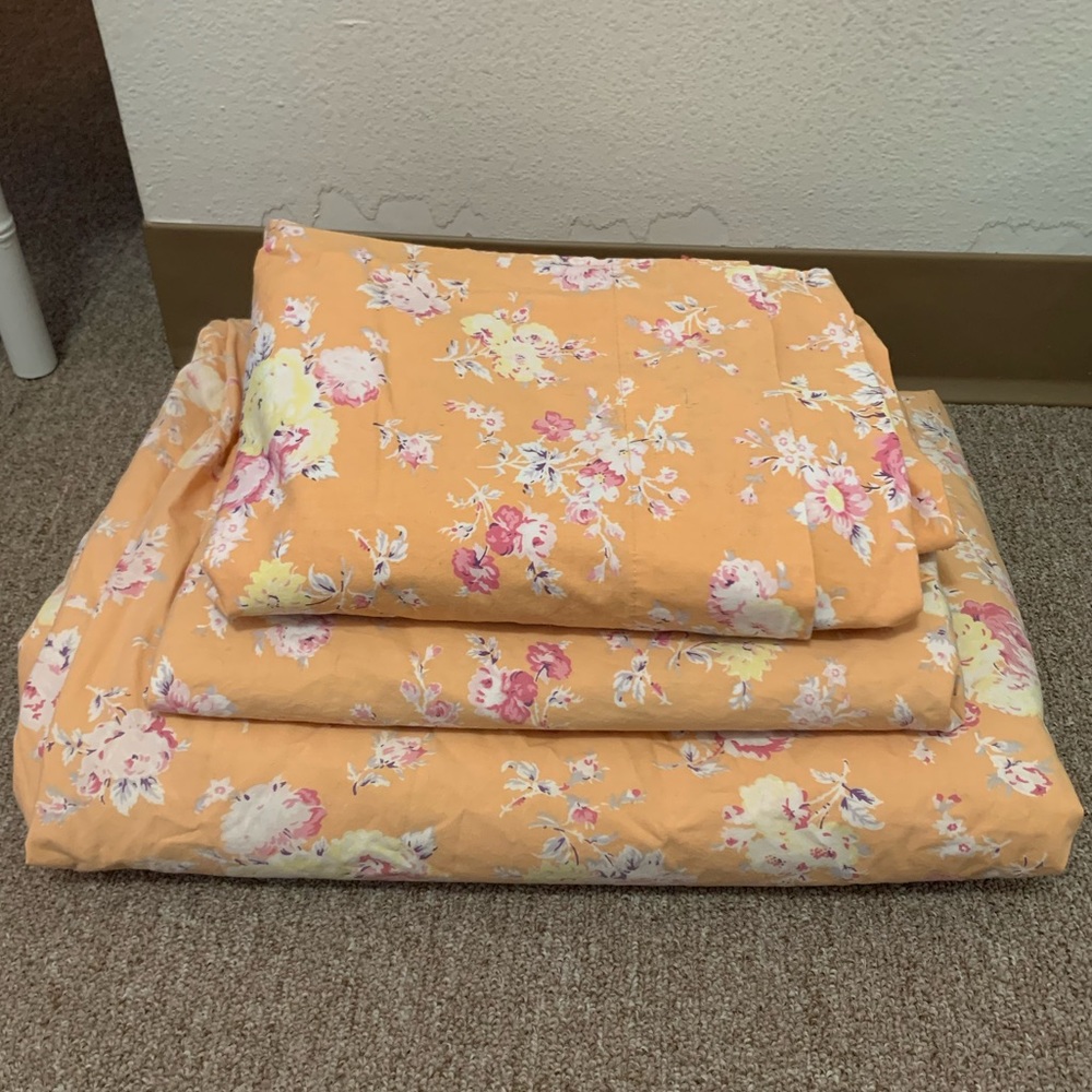 Pottery Barn Teen TWIN Sunwashed Orange Floral Duvet Cover, Flat Sheet & Curtain